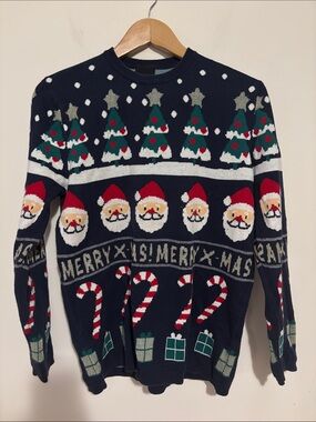 H&M Navy Christmas Sweater with Santa, Trees & Candy Canes